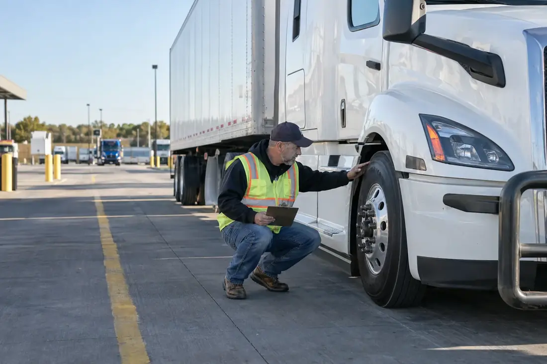 A driver performing a pre-trip truck inspection