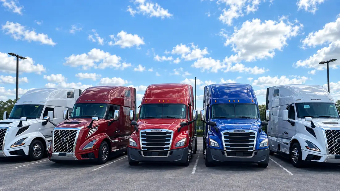 Lineup of Volvo and Freightliner Cascadia sleeper trucks