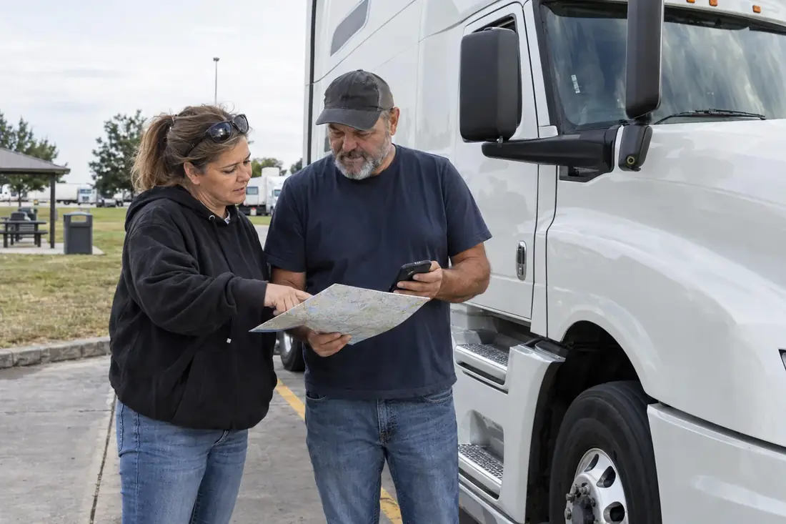 Two drivers reviewing their route beside a truck