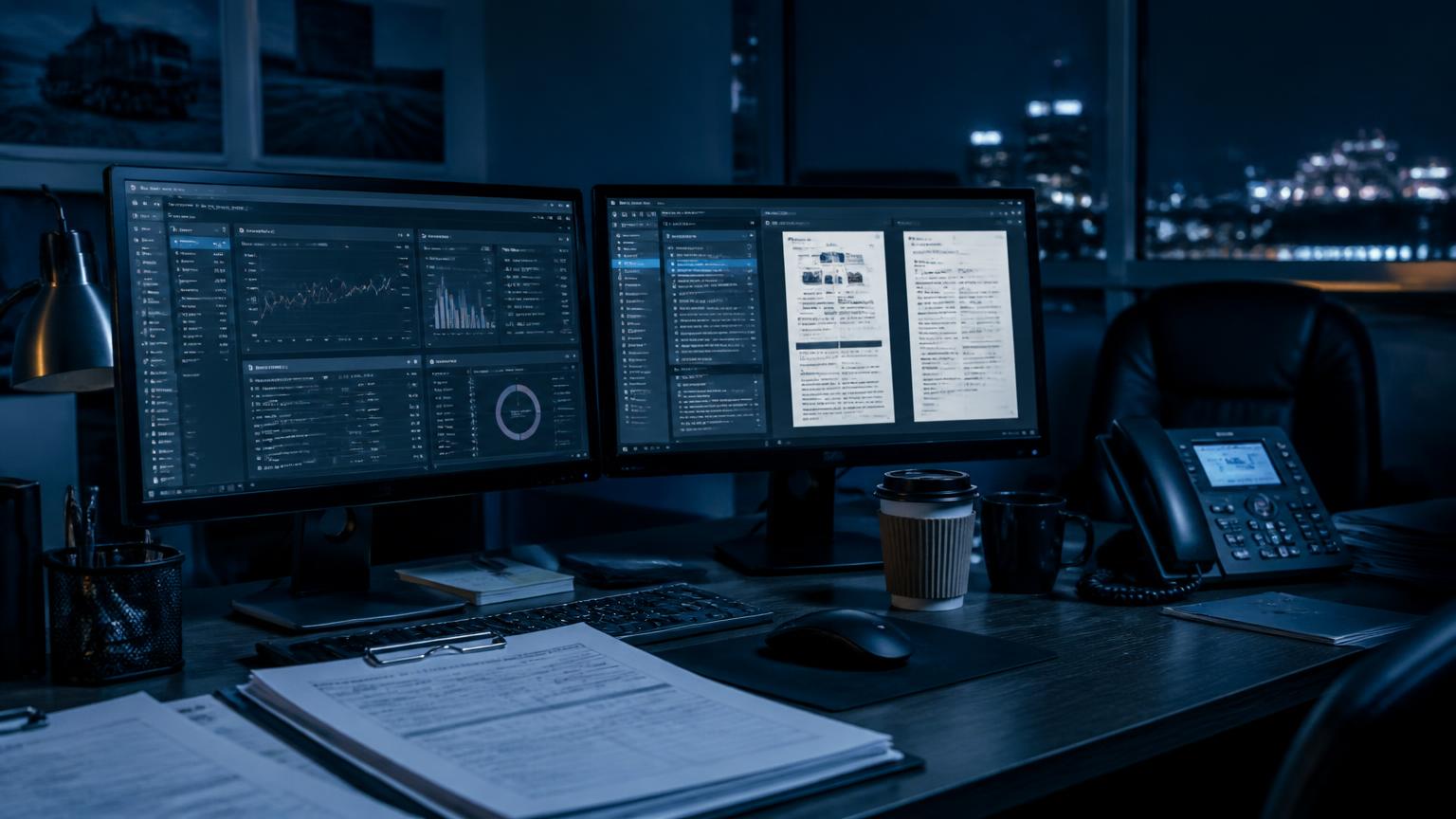 Escritorio de un broker de carga de noche con paneles de verificación de transportistas y documentos DOT