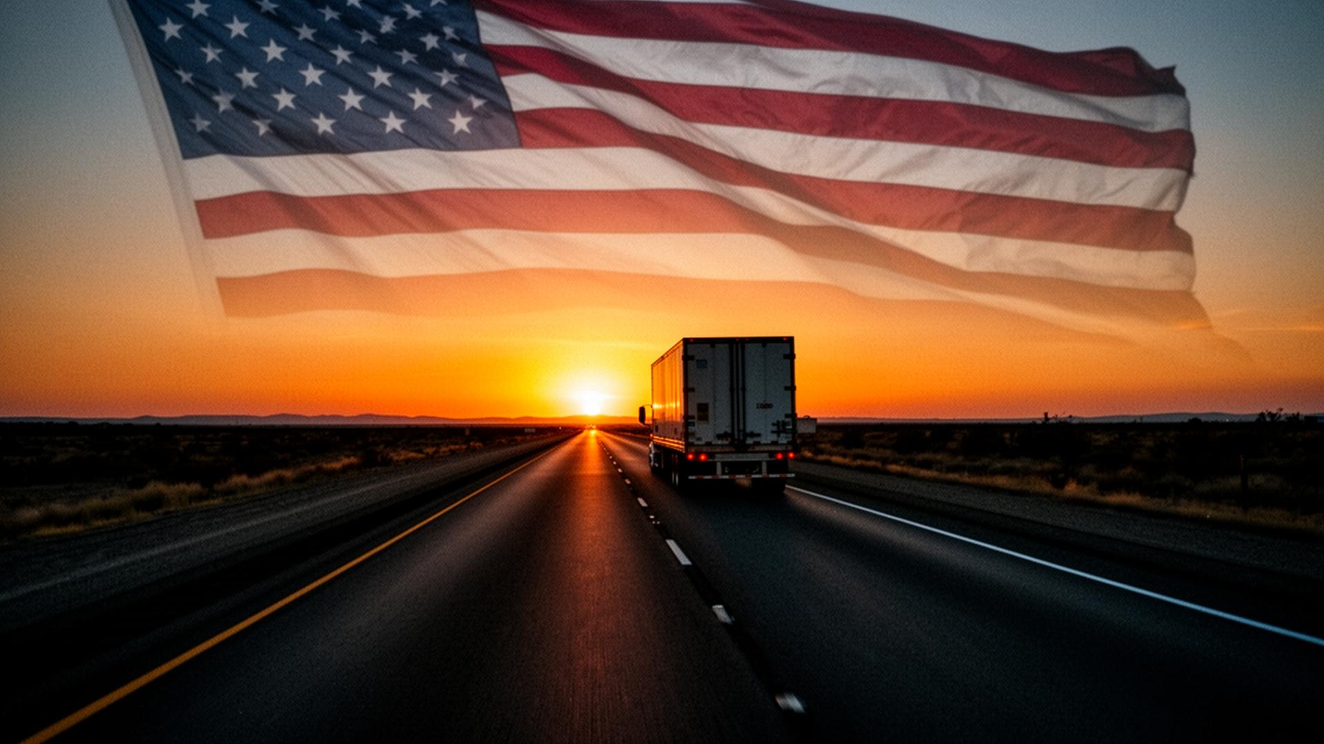 American highway at sunset with one CDL truck heading into the horizon under a faded US flag