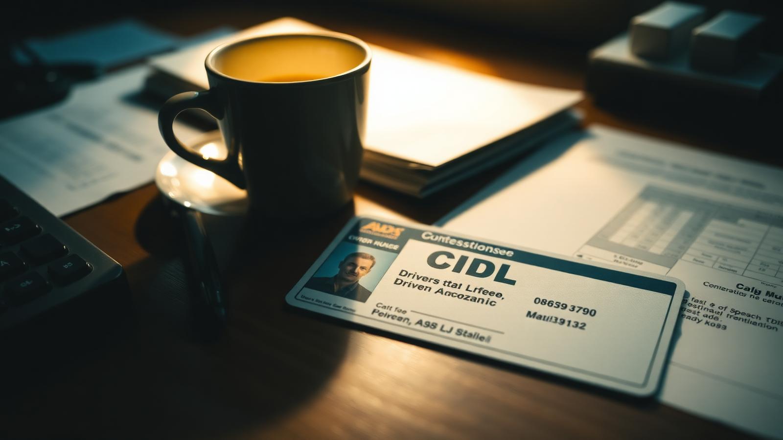 Close-up of a CDL commercial driver license card on a dispatcher's desk next to coffee and paperwork