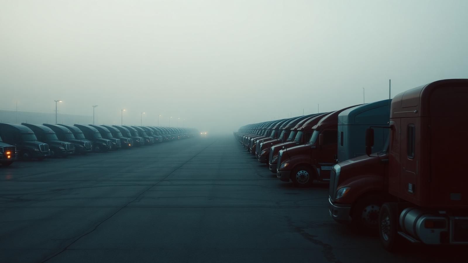 Half-empty trucking yard at dawn with rows of parked Class 8 trucks and visible gaps