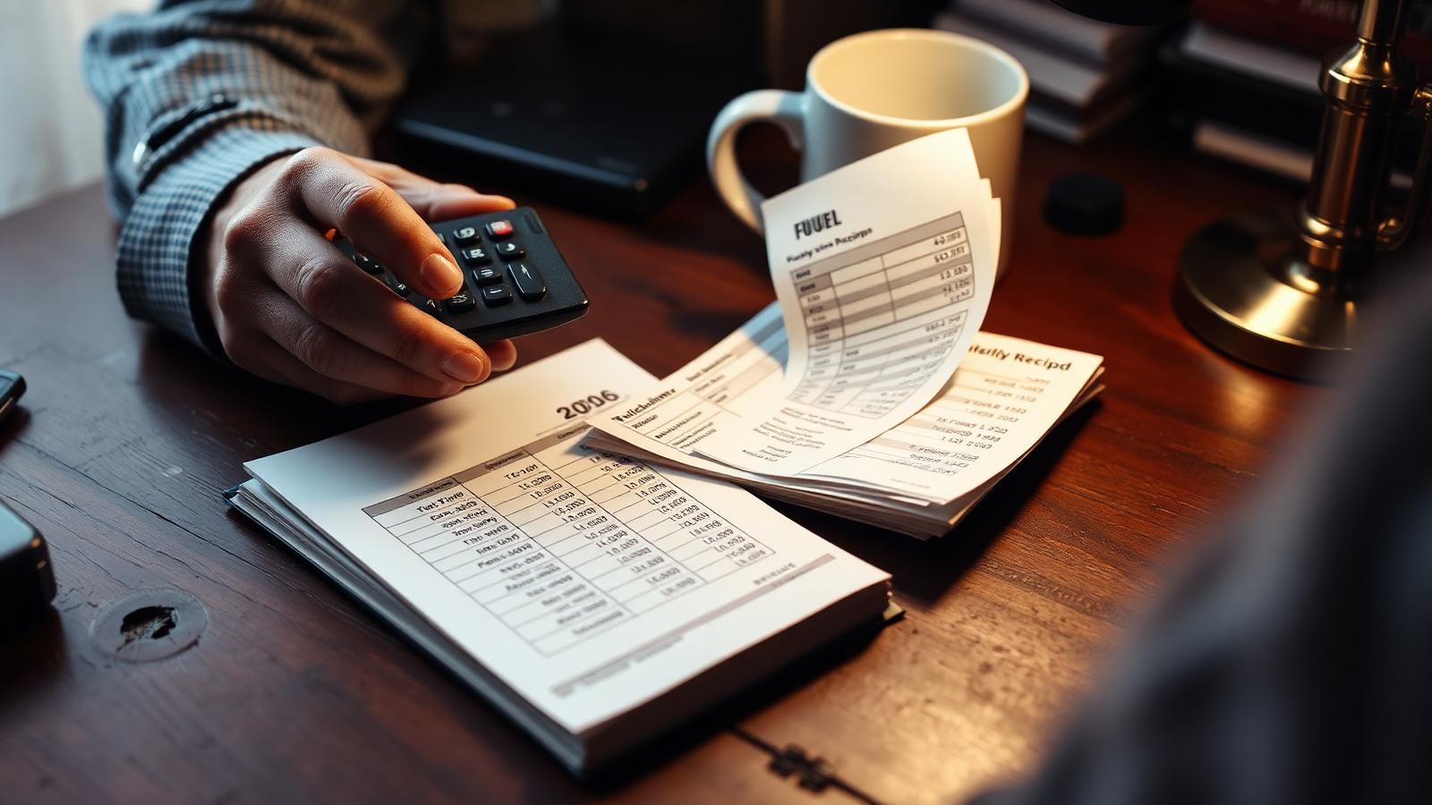 Small trucking owner's hands on a calculator beside fuel receipts and a cost-per-mile ledger