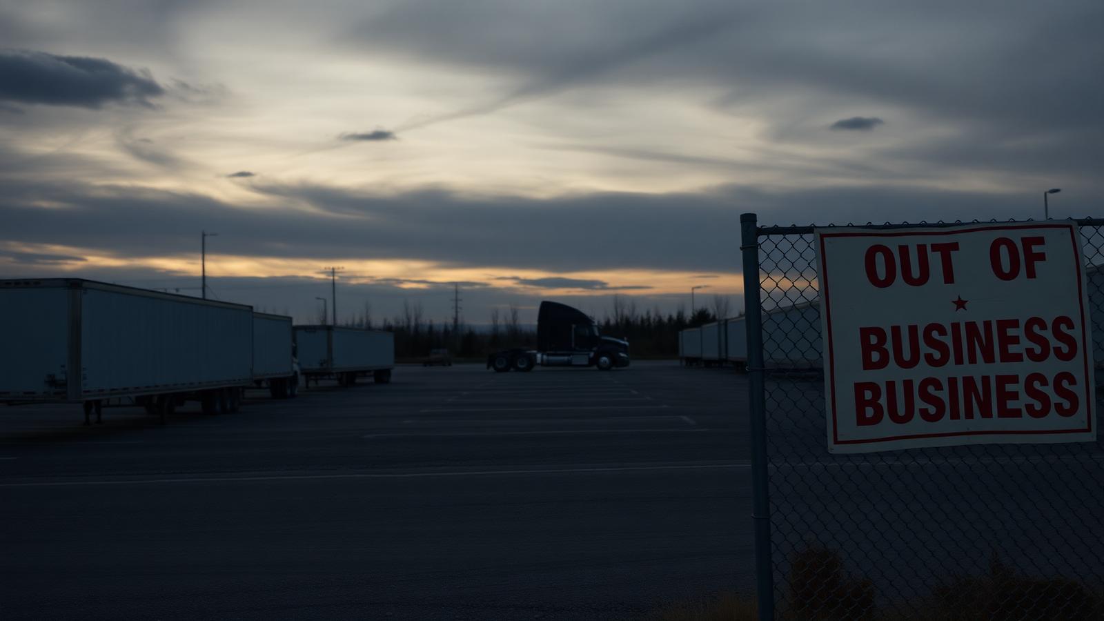 Empty US trucking yard at dusk with an out-of-business sign on a chain-link fence